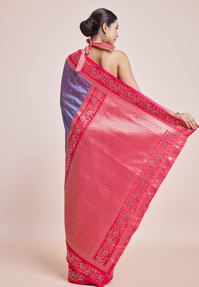 Monjolika Fashion Violet Banarasi Silk In Satin Is Classy Embellished With Golden Zari Work Saree