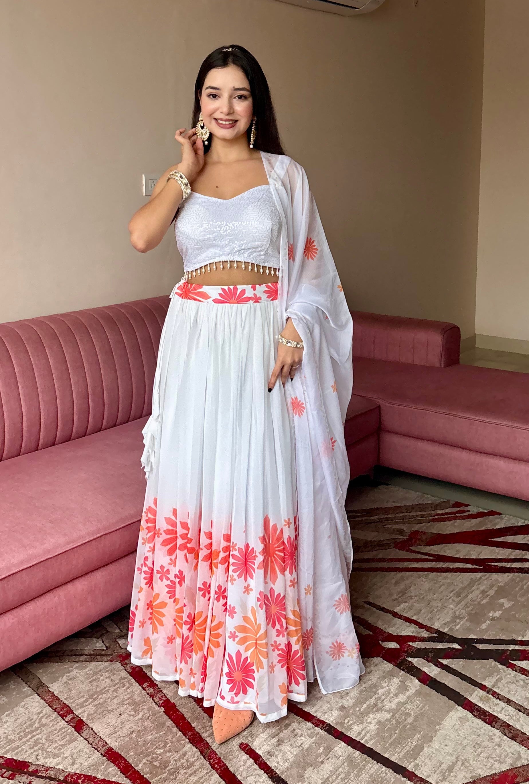 Lorenvalley Fashion White Georgette with Floral Print Design Lehenga Choli with Dupatta - Distacart