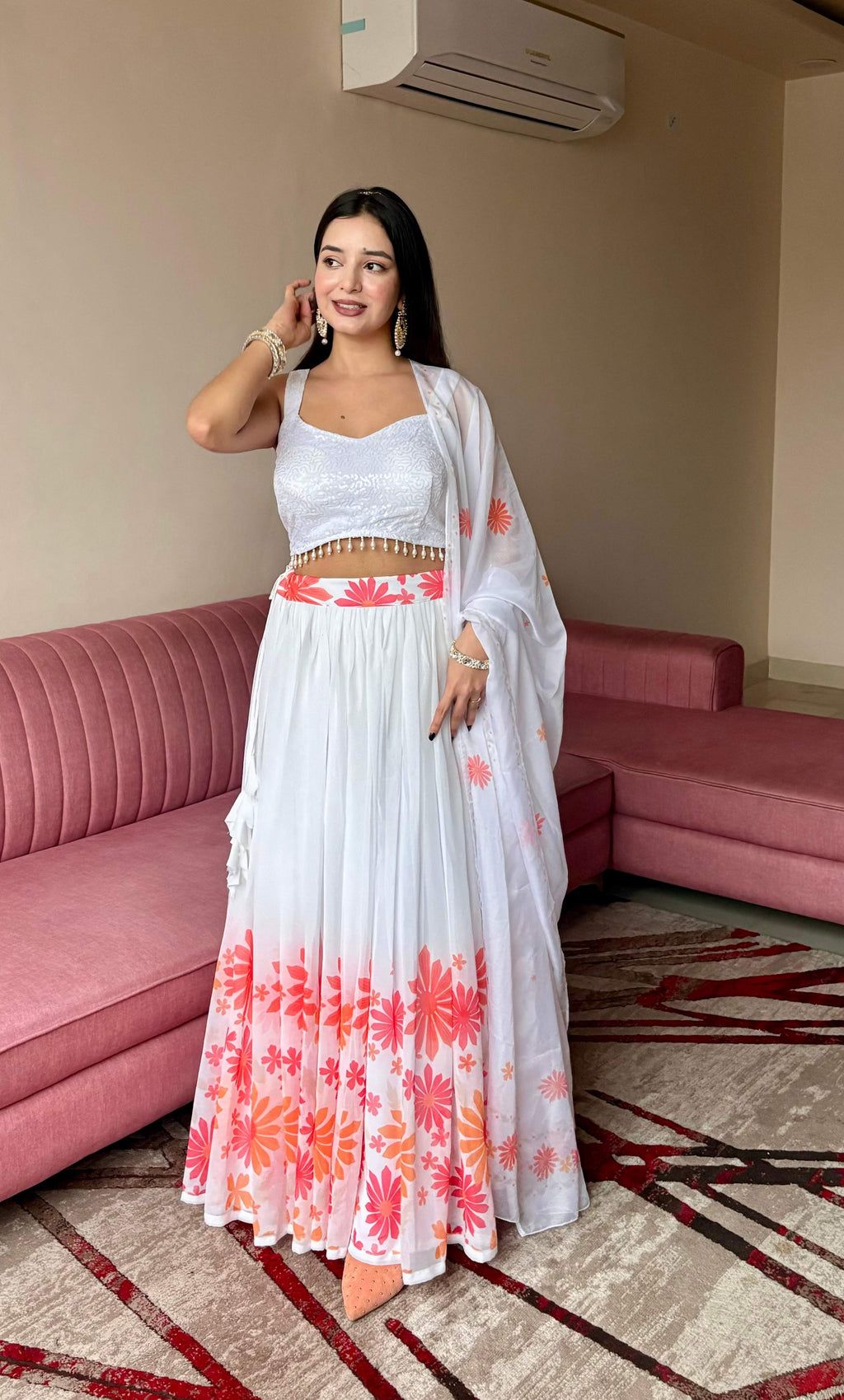 Lorenvalley Fashion White Georgette with Floral Print Design Lehenga Choli with Dupatta - Distacart