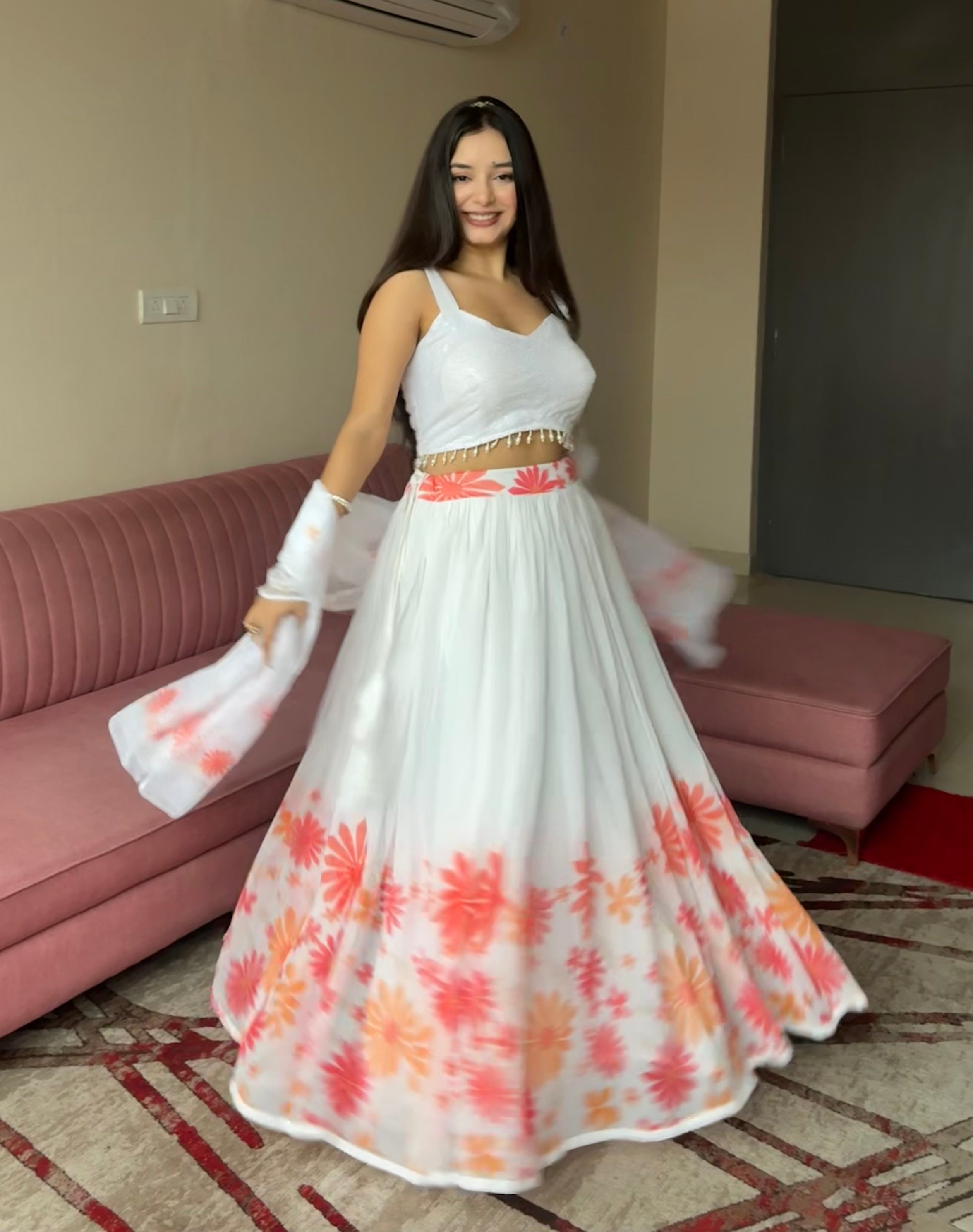 Lorenvalley Fashion White Georgette with Floral Print Design Lehenga Choli with Dupatta - Distacart