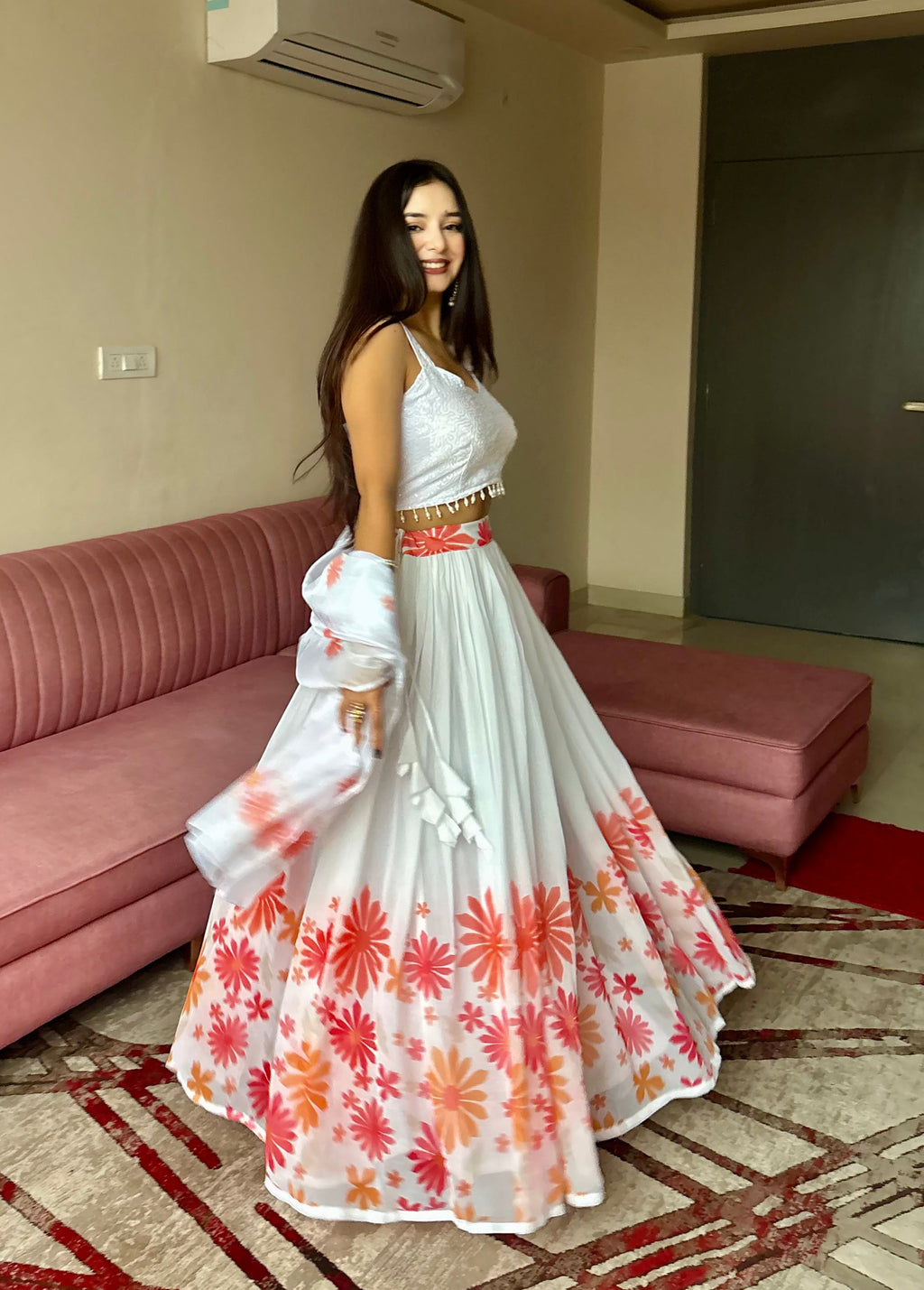 Lorenvalley Fashion White Georgette with Floral Print Design Lehenga Choli with Dupatta - Distacart