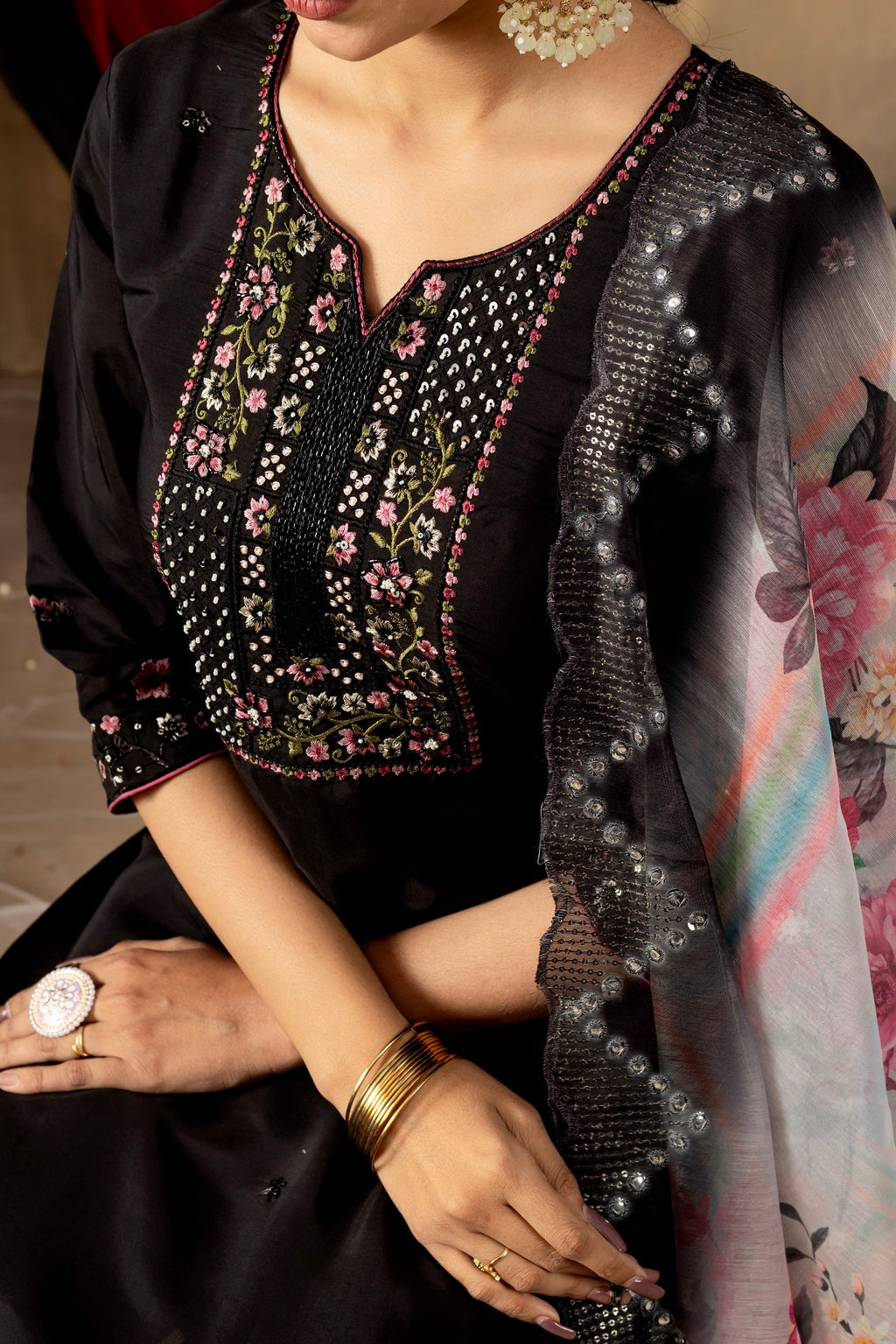 Vedant Vastram Roman Silk Embroidery & Sequence Work Stitched Kurta Pant Dupatta Set-Black - Distacart