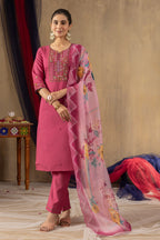 Vedant Vastram Roman Silk Embroidery & Sequence Work Stitched Kurta Pant Dupatta Set-Pink - Distacart