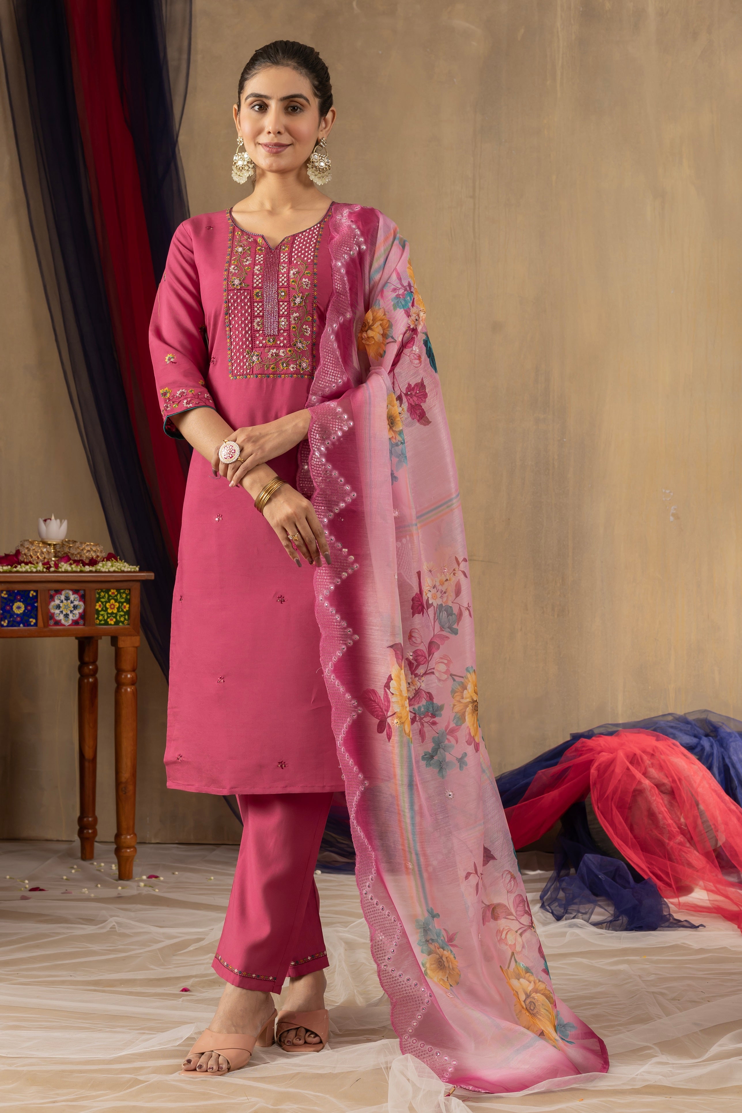 Vedant Vastram Roman Silk Embroidery & Sequence Work Stitched Kurta Pant Dupatta Set-Pink - Distacart