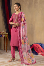 Vedant Vastram Roman Silk Embroidery & Sequence Work Stitched Kurta Pant Dupatta Set-Pink - Distacart