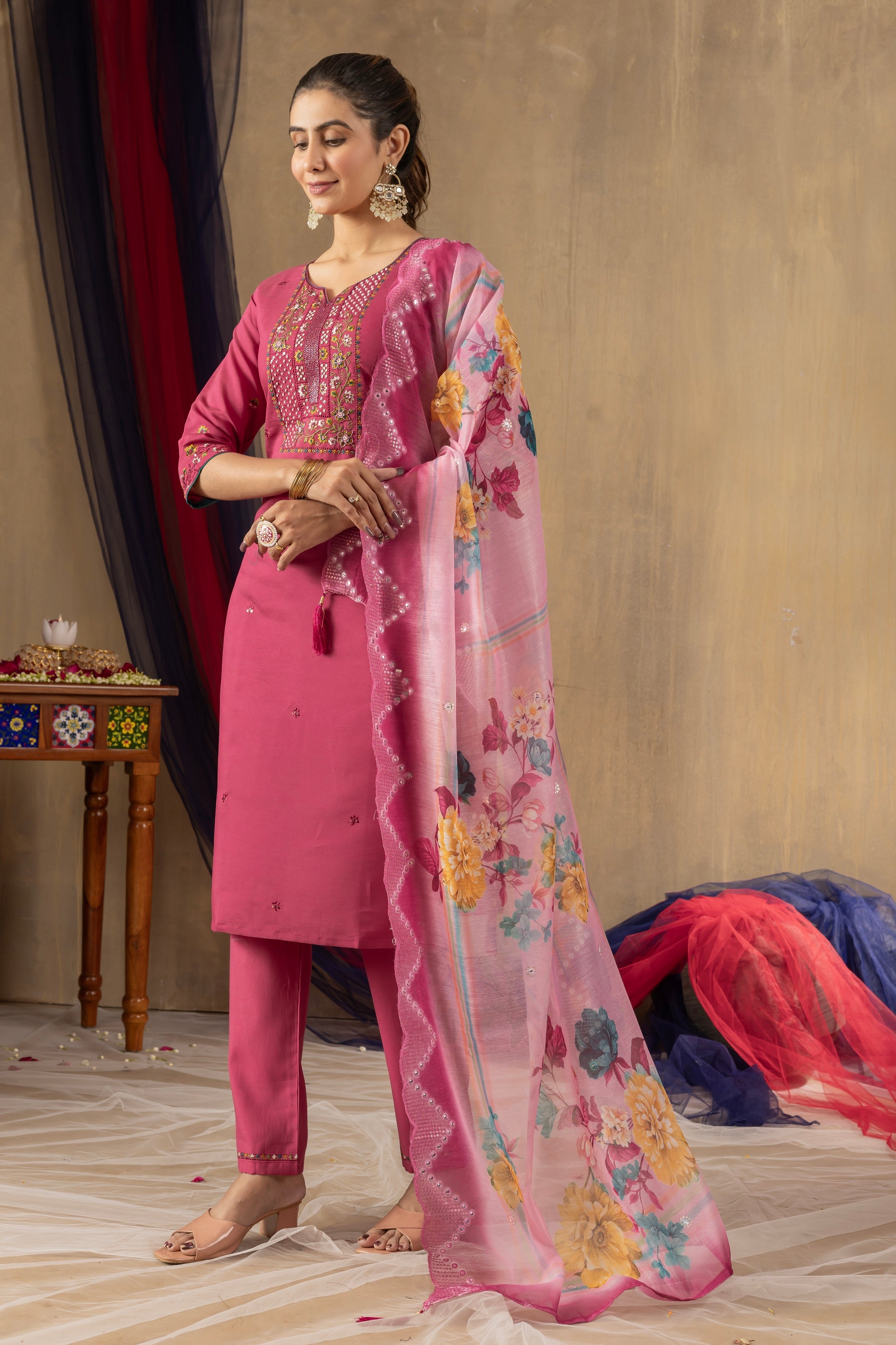 Vedant Vastram Roman Silk Embroidery & Sequence Work Stitched Kurta Pant Dupatta Set-Pink - Distacart