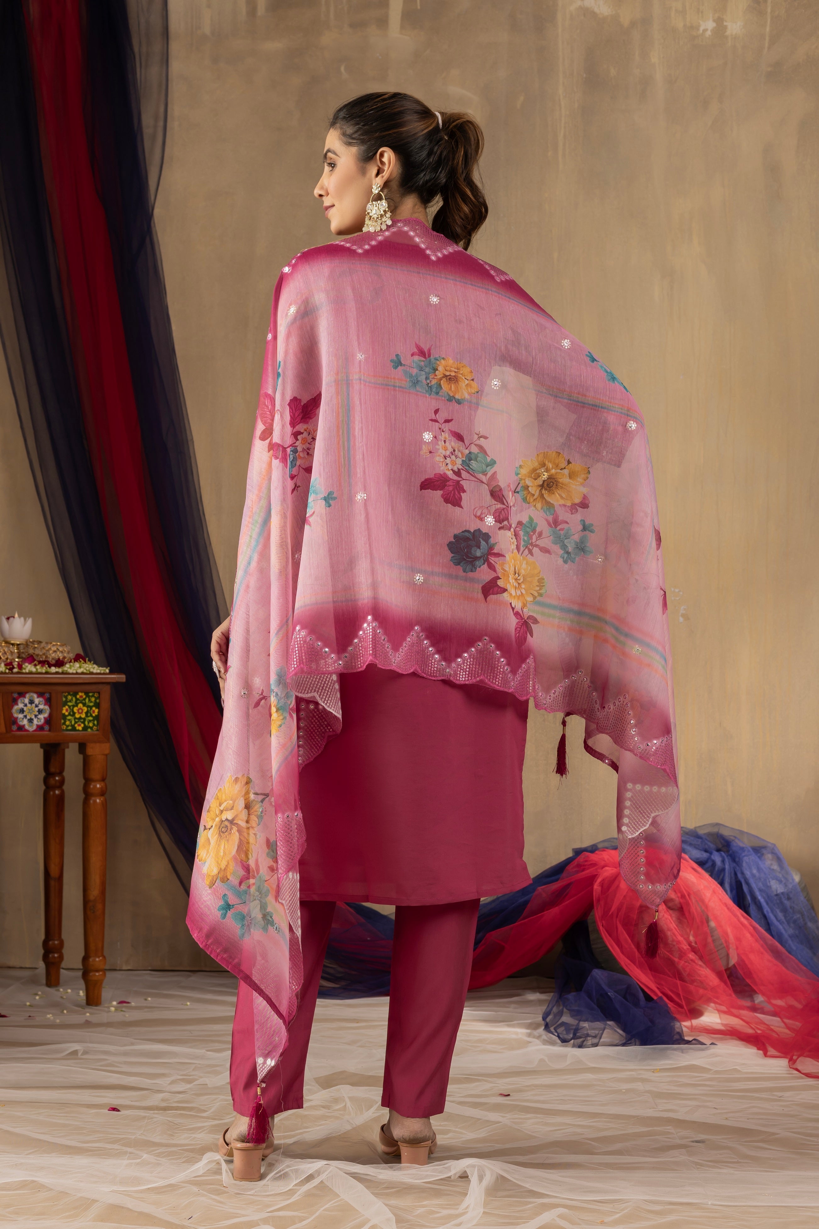 Vedant Vastram Roman Silk Embroidery & Sequence Work Stitched Kurta Pant Dupatta Set-Pink - Distacart