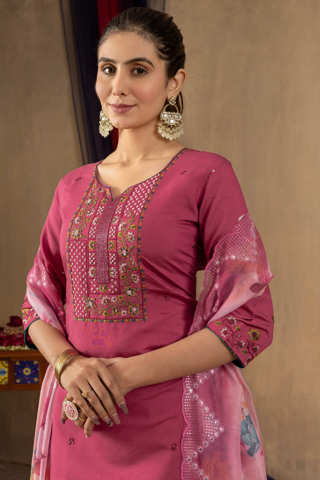 Vedant Vastram Roman Silk Embroidery & Sequence Work Stitched Kurta Pant Dupatta Set-Pink - Distacart