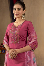 Vedant Vastram Roman Silk Embroidery & Sequence Work Stitched Kurta Pant Dupatta Set-Pink - Distacart