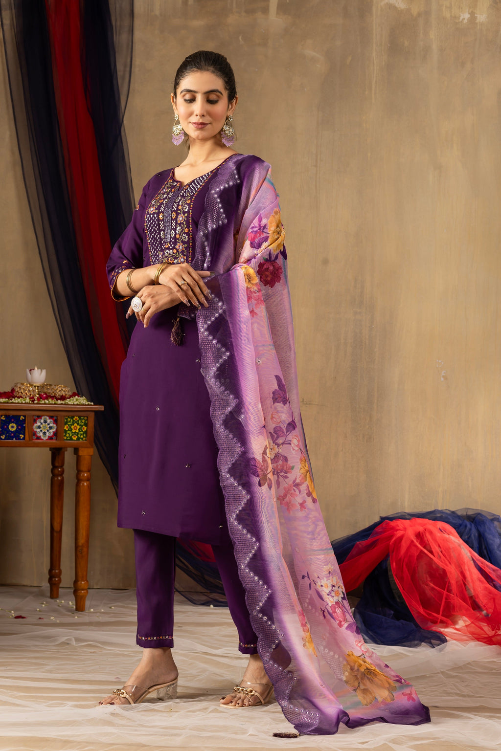 Vedant Vastram Roman Silk Embroidery & Sequence Work Stitched Kurta Pant Dupatta Set-Purple - Distacart