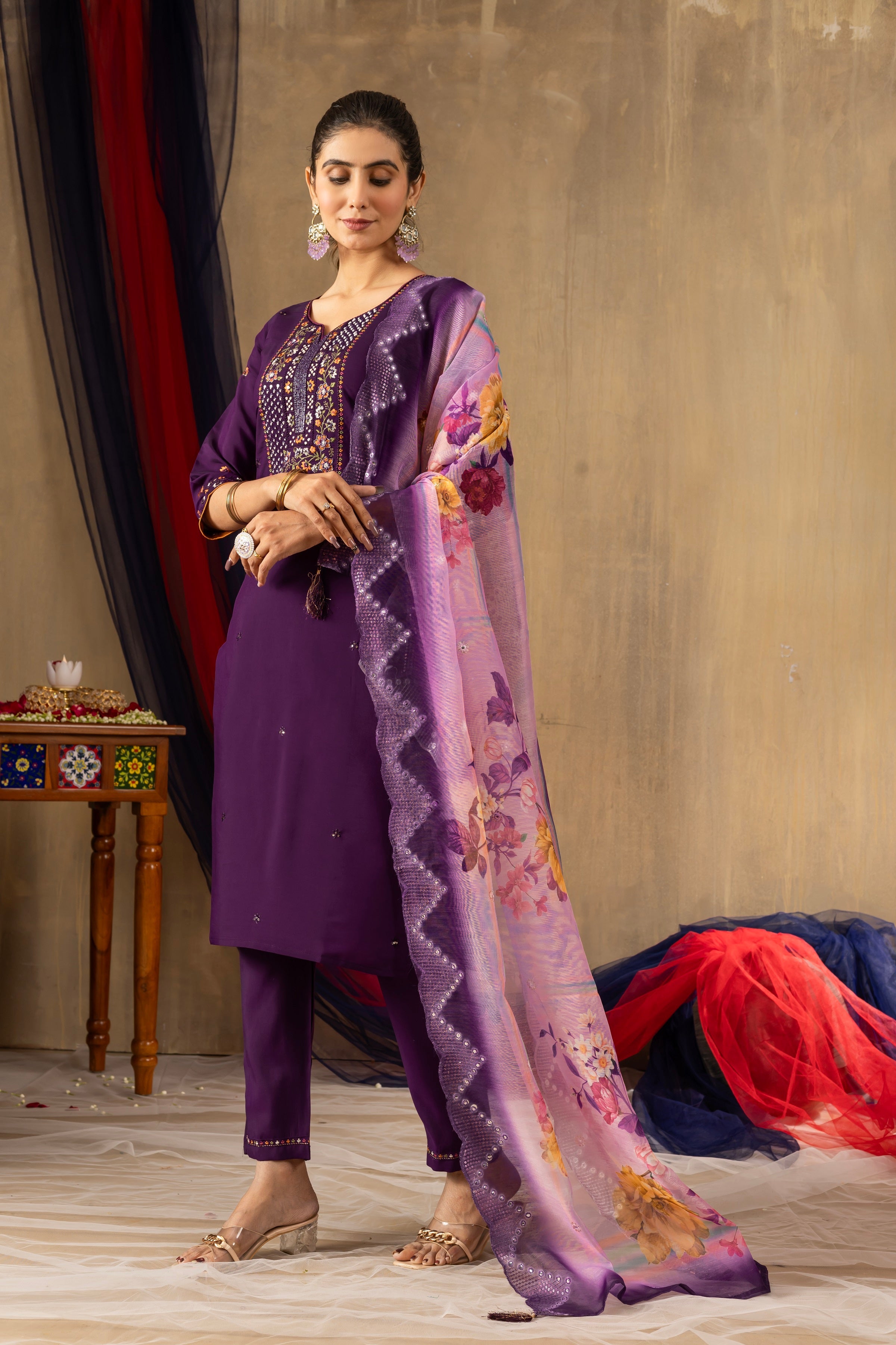 Vedant Vastram Roman Silk Embroidery & Sequence Work Stitched Kurta Pant Dupatta Set-Purple - Distacart