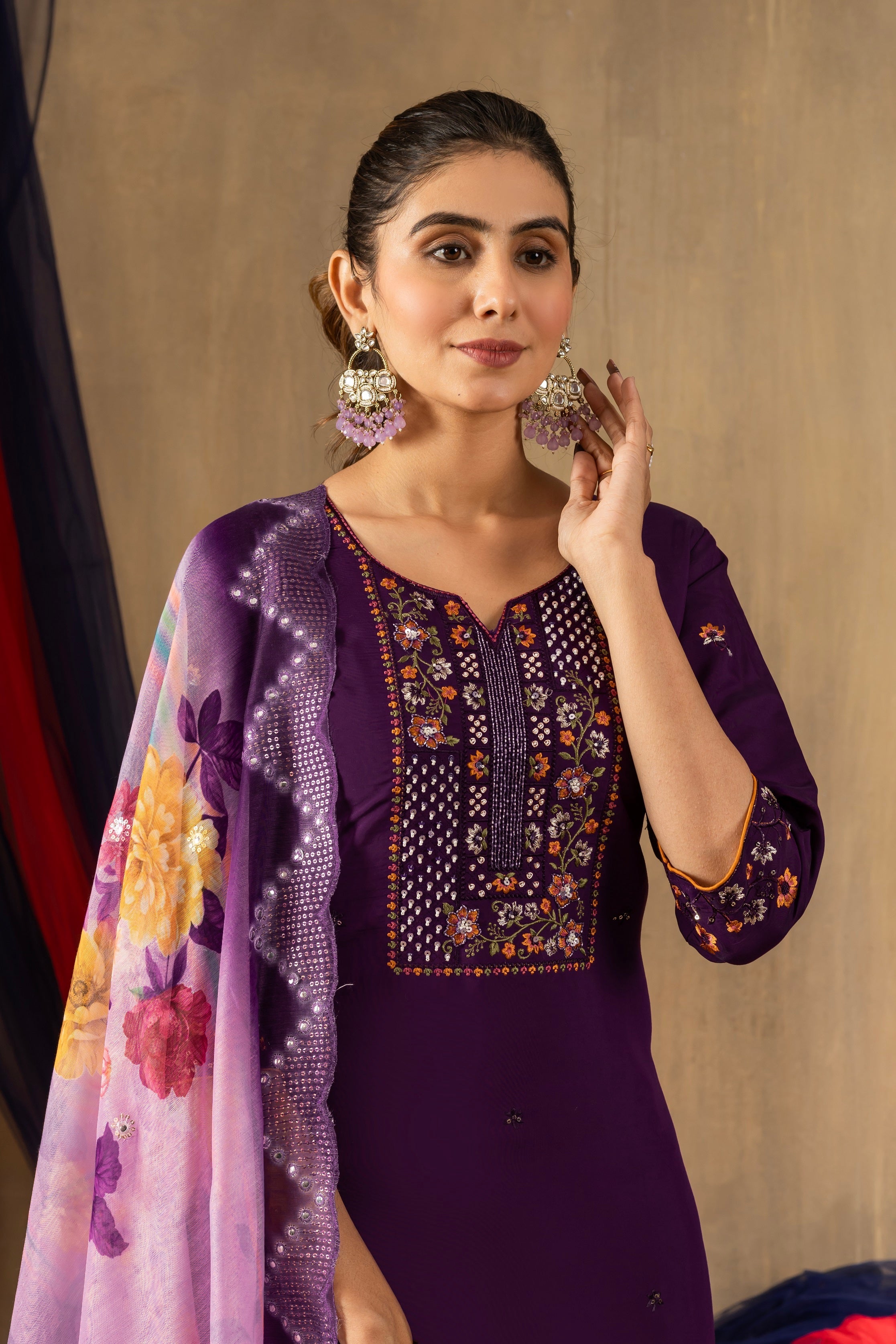 Vedant Vastram Roman Silk Embroidery & Sequence Work Stitched Kurta Pant Dupatta Set-Purple - Distacart