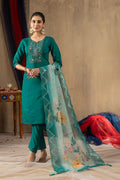 Vedant Vastram Roman Silk Embroidery & Sequence Work Stitched Kurta Pant Dupatta Set-Rama - Distacart