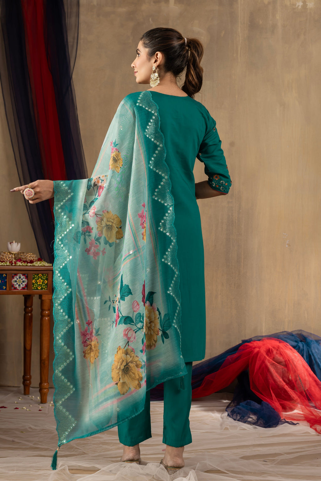 Vedant Vastram Roman Silk Embroidery & Sequence Work Stitched Kurta Pant Dupatta Set-Rama - Distacart