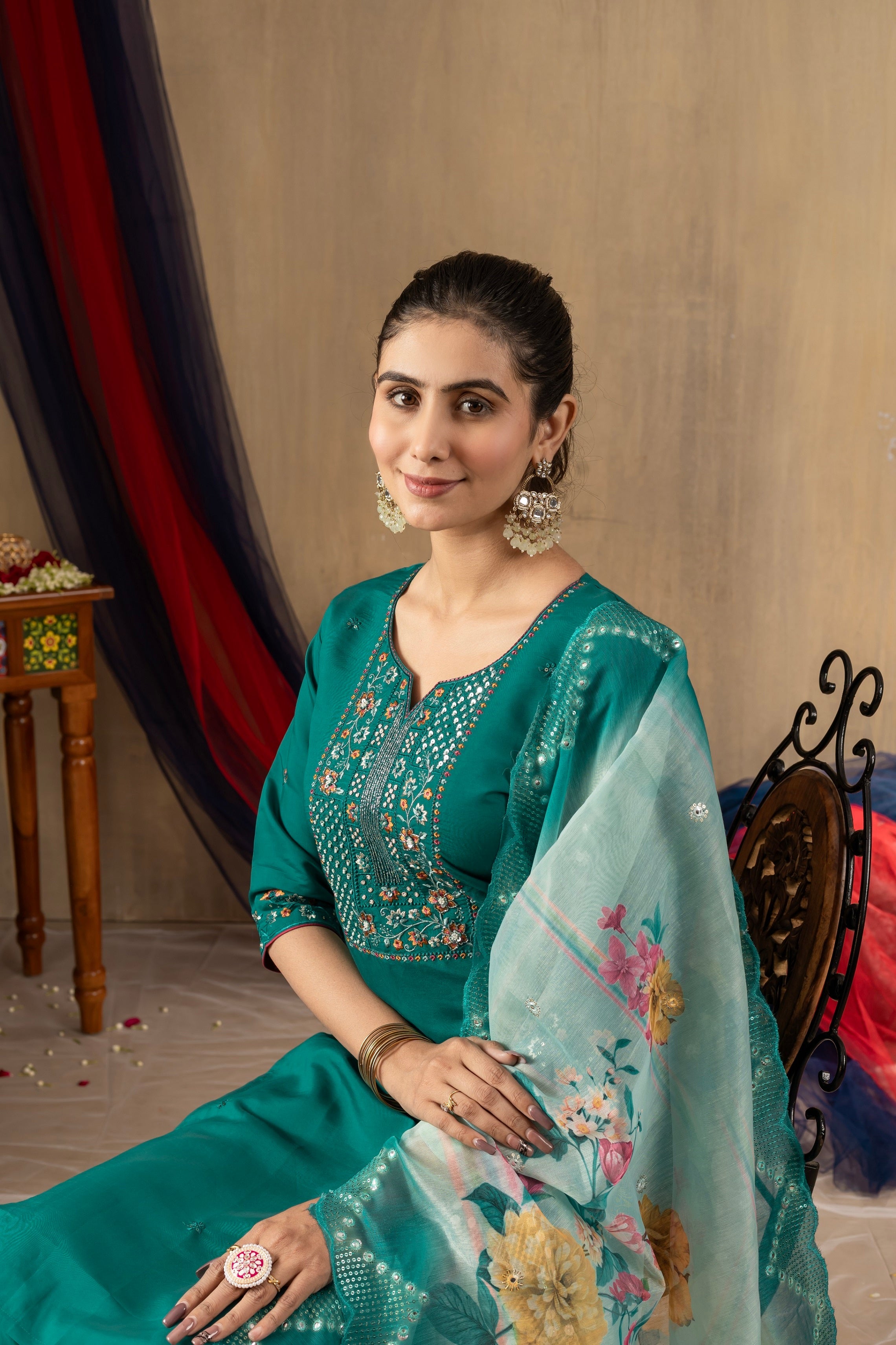 Vedant Vastram Roman Silk Embroidery & Sequence Work Stitched Kurta Pant Dupatta Set-Rama - Distacart