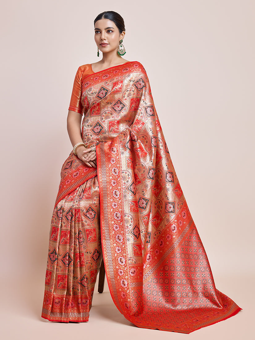 Monjolika Fashion Scarlet Red Latest Dharmavaram Silk SareeWith Rich Heritage Woven In Gold And Silver Zari Work