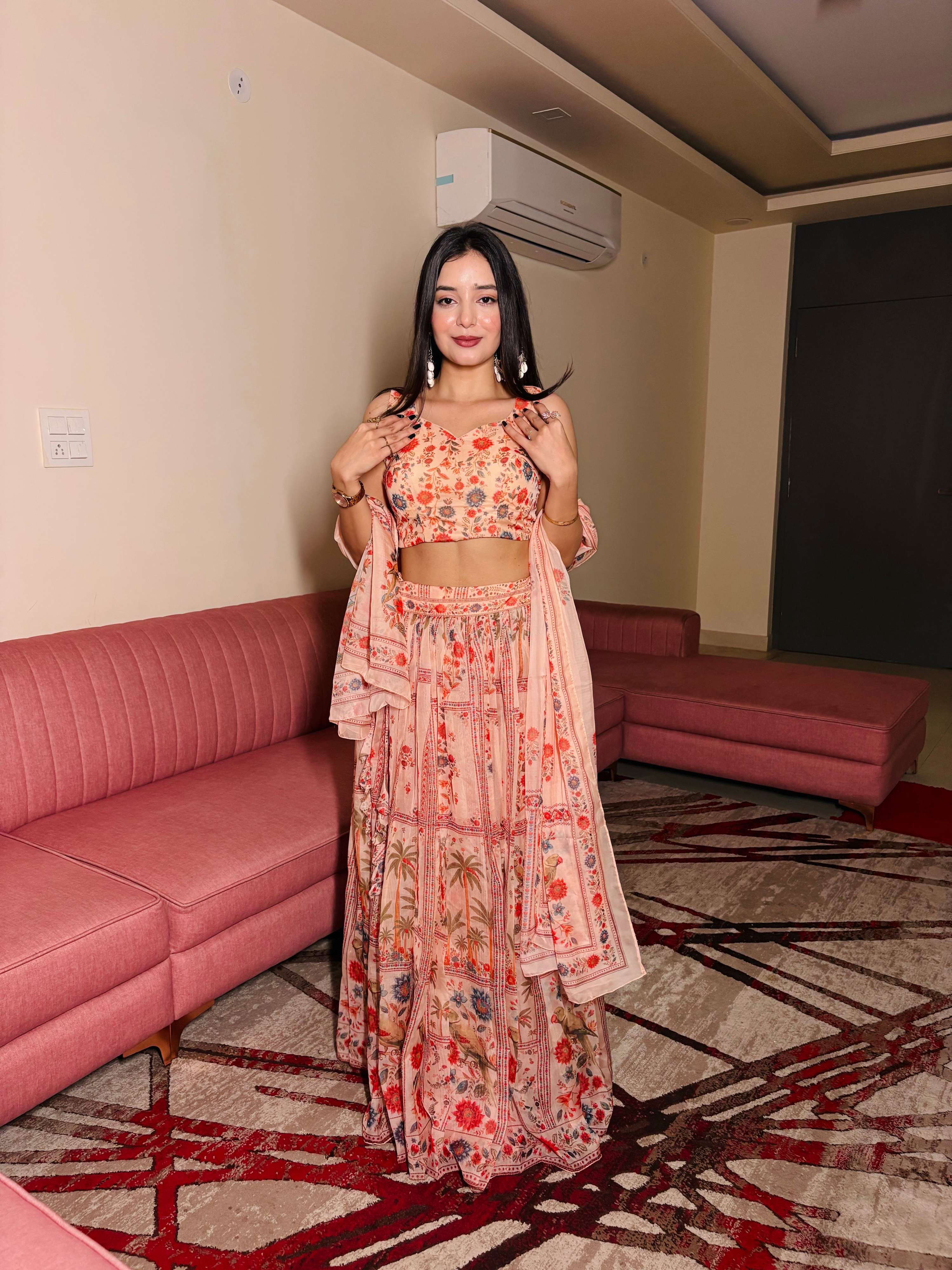 Lorenvalley Fashion Peach Organza with Floral Print Design Lehenga Choli with Dupatta - Distacart