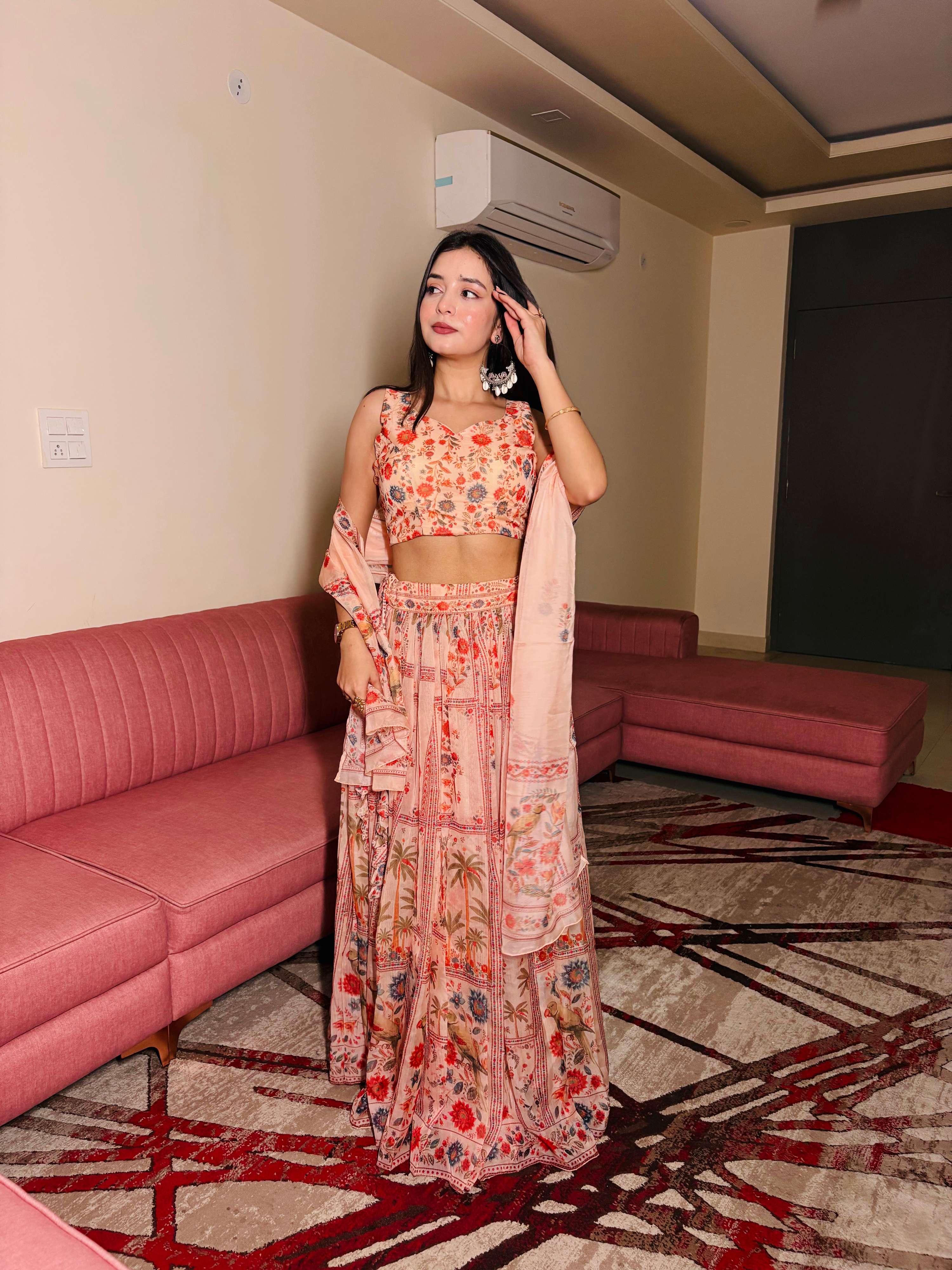 Lorenvalley Fashion Peach Organza with Floral Print Design Lehenga Choli with Dupatta - Distacart