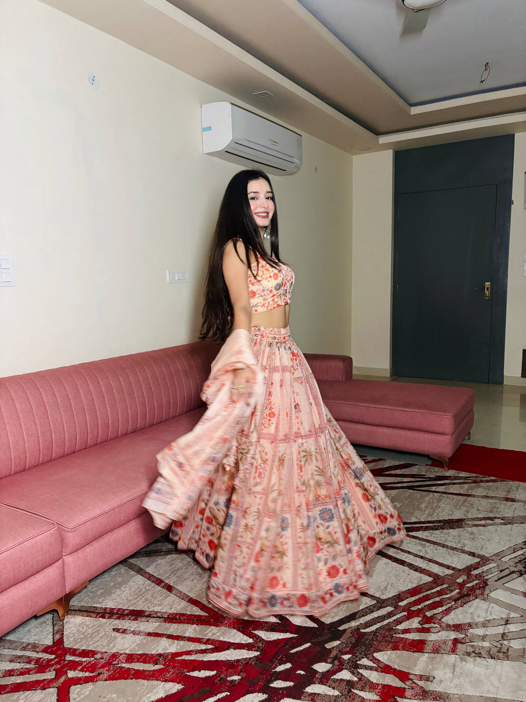 Lorenvalley Fashion Peach Organza with Floral Print Design Lehenga Choli with Dupatta - Distacart