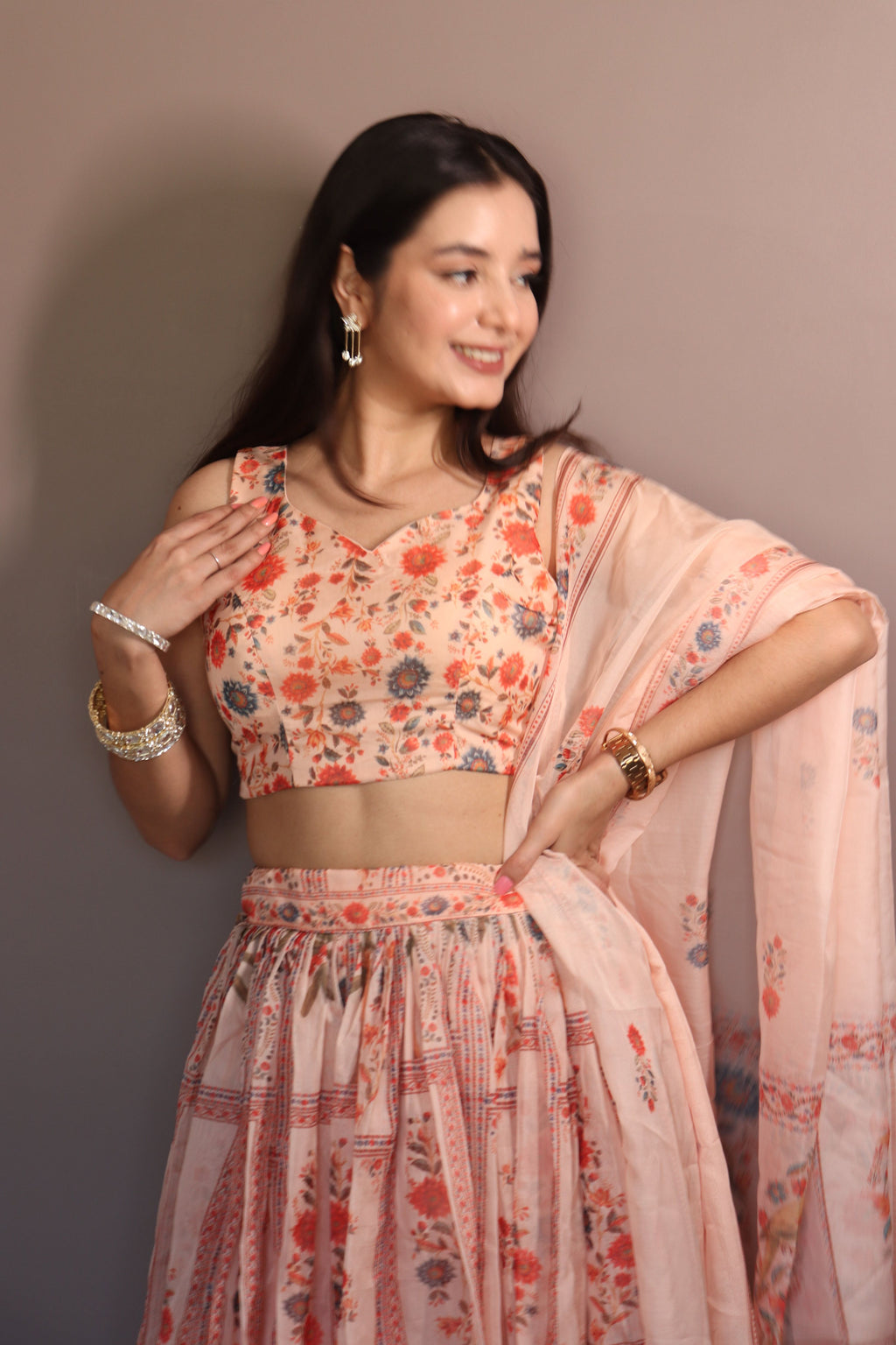 Lorenvalley Fashion Peach Organza with Floral Print Design Lehenga Choli with Dupatta - Distacart