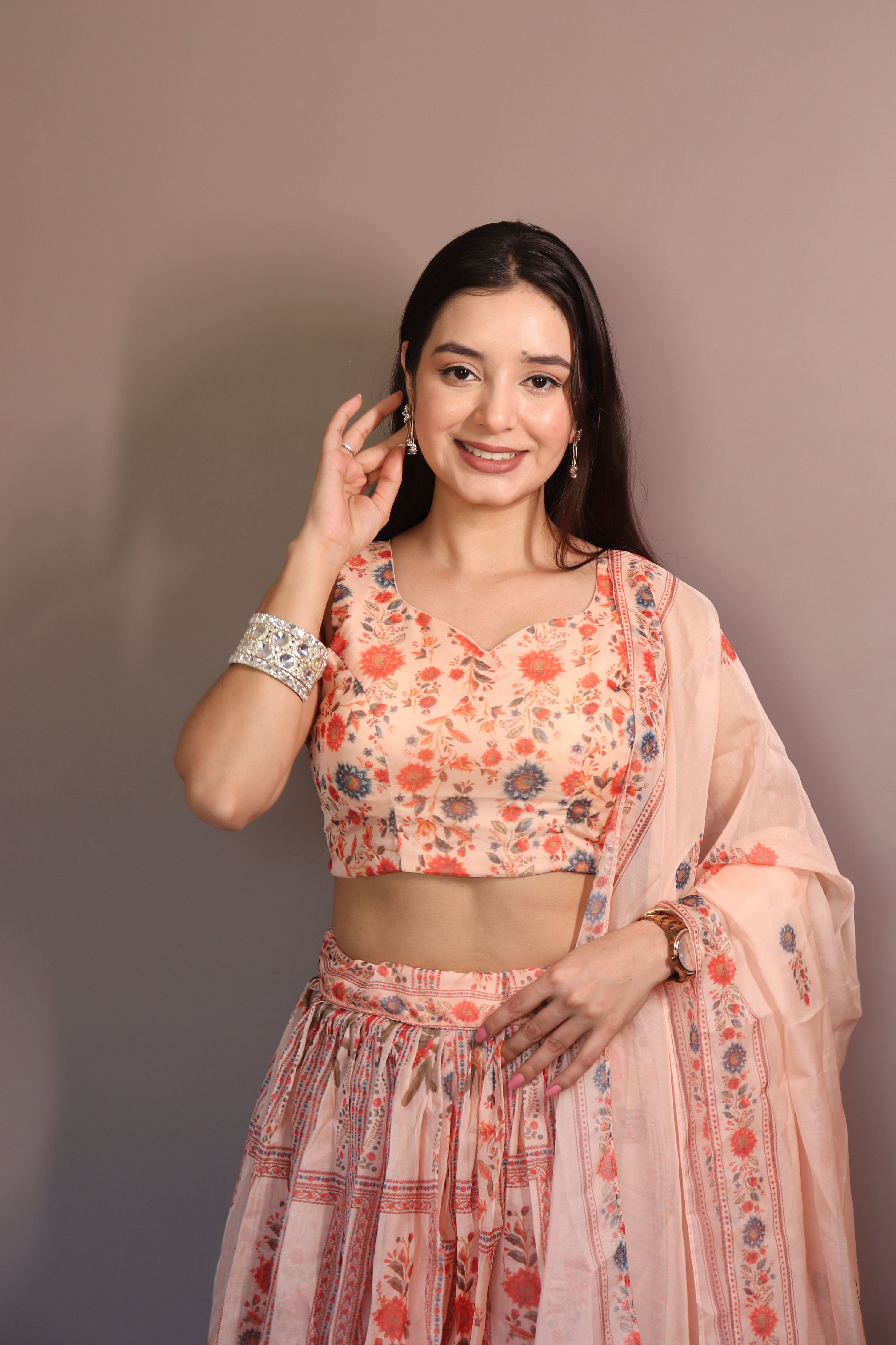 Lorenvalley Fashion Peach Organza with Floral Print Design Lehenga Choli with Dupatta - Distacart