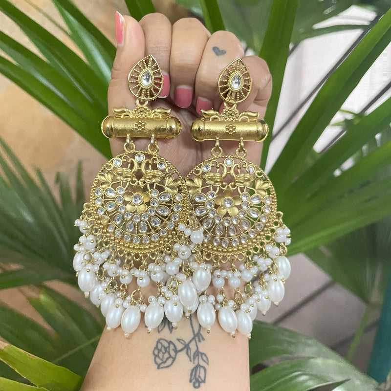 Tehzeeb Creations Traditional Gold-Polished White Kundan Pearl Drop Chandbali Earring For Women/Girls - Distacart