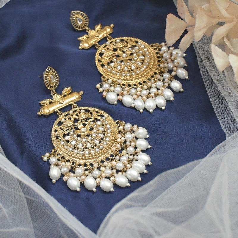 Tehzeeb Creations Traditional Gold-Polished White Kundan Pearl Drop Chandbali Earring For Women/Girls - Distacart