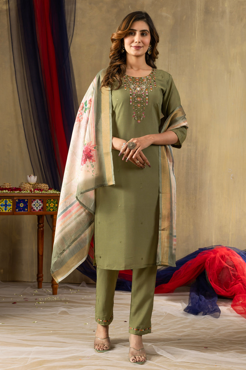 Vedant Vastram Simmer Silk Hand Work & Embroidery Work Stitched Kurta Pant Dupatta Set-Green - Distacart