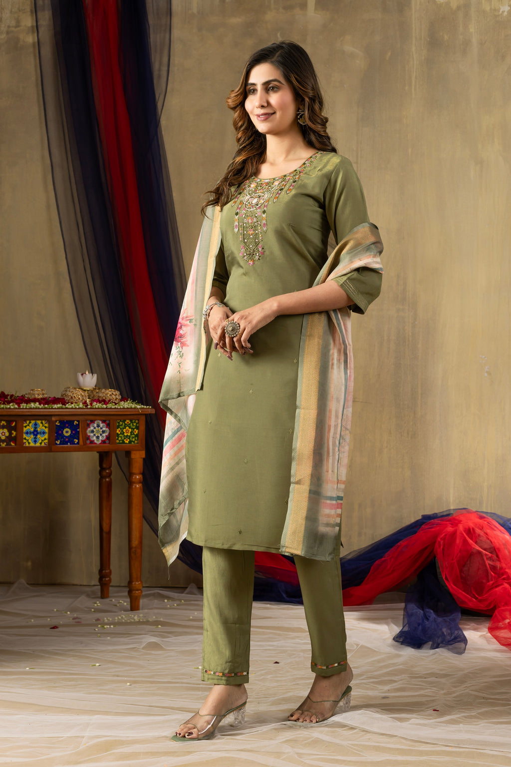 Vedant Vastram Simmer Silk Hand Work & Embroidery Work Stitched Kurta Pant Dupatta Set-Green - Distacart