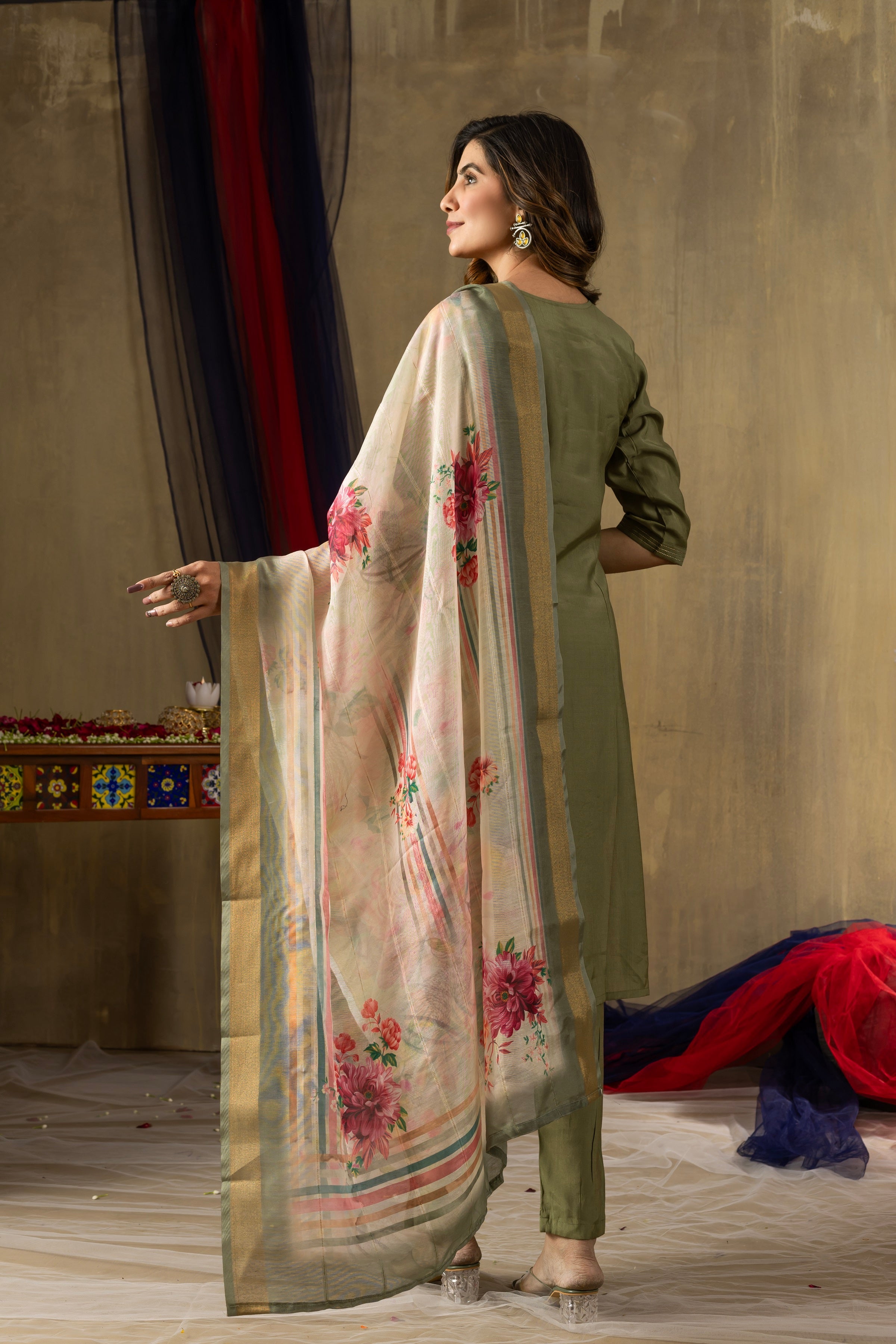Vedant Vastram Simmer Silk Hand Work & Embroidery Work Stitched Kurta Pant Dupatta Set-Green - Distacart