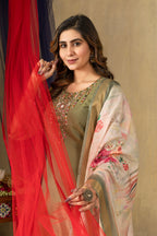 Vedant Vastram Simmer Silk Hand Work & Embroidery Work Stitched Kurta Pant Dupatta Set-Green - Distacart