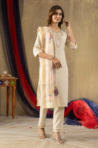 Vedant Vastram Simmer Silk Hand Work & Embroidery Work Stitched Kurta Pant Dupatta Set-Off White - Distacart