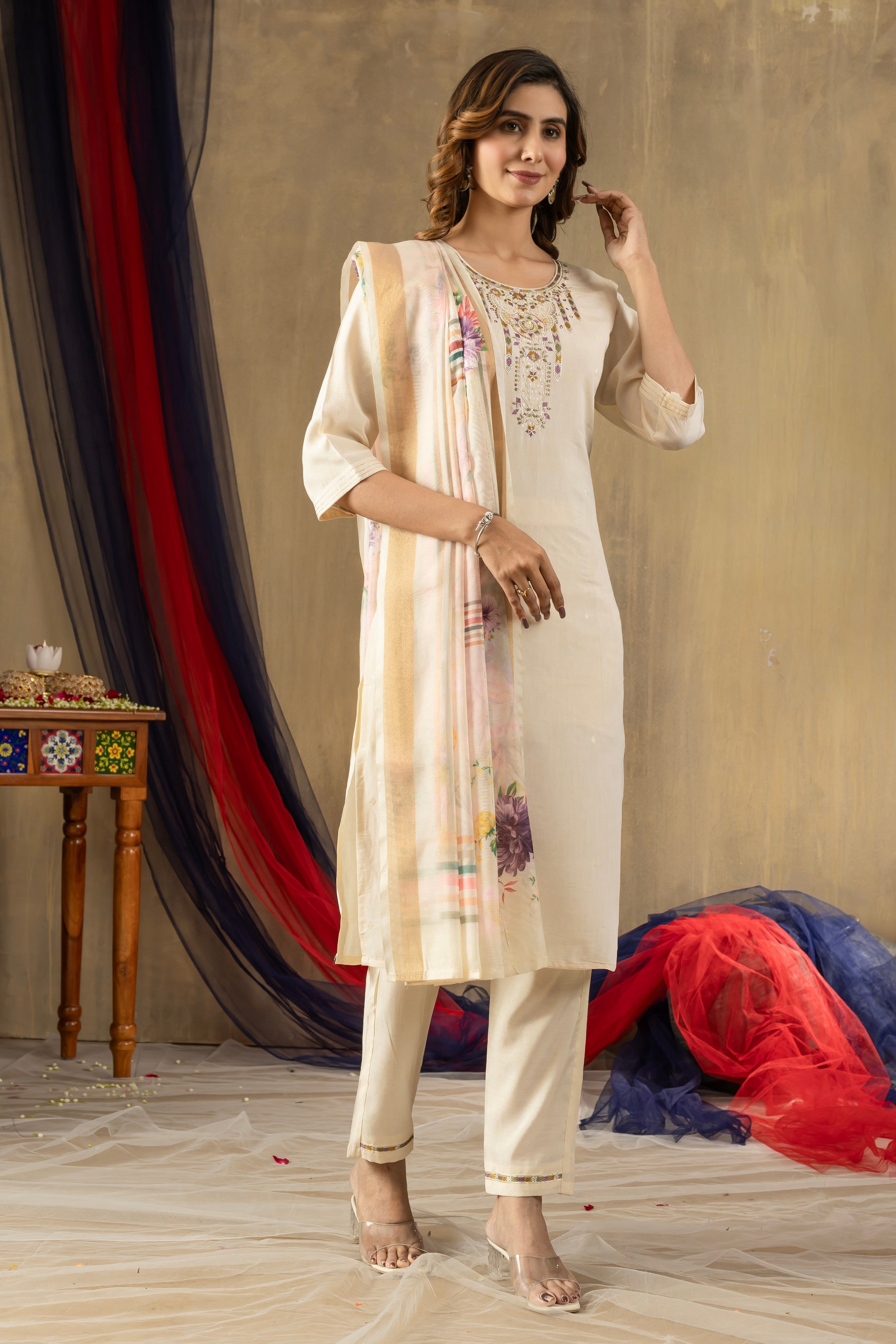 Vedant Vastram Simmer Silk Hand Work & Embroidery Work Stitched Kurta Pant Dupatta Set-Off White - Distacart