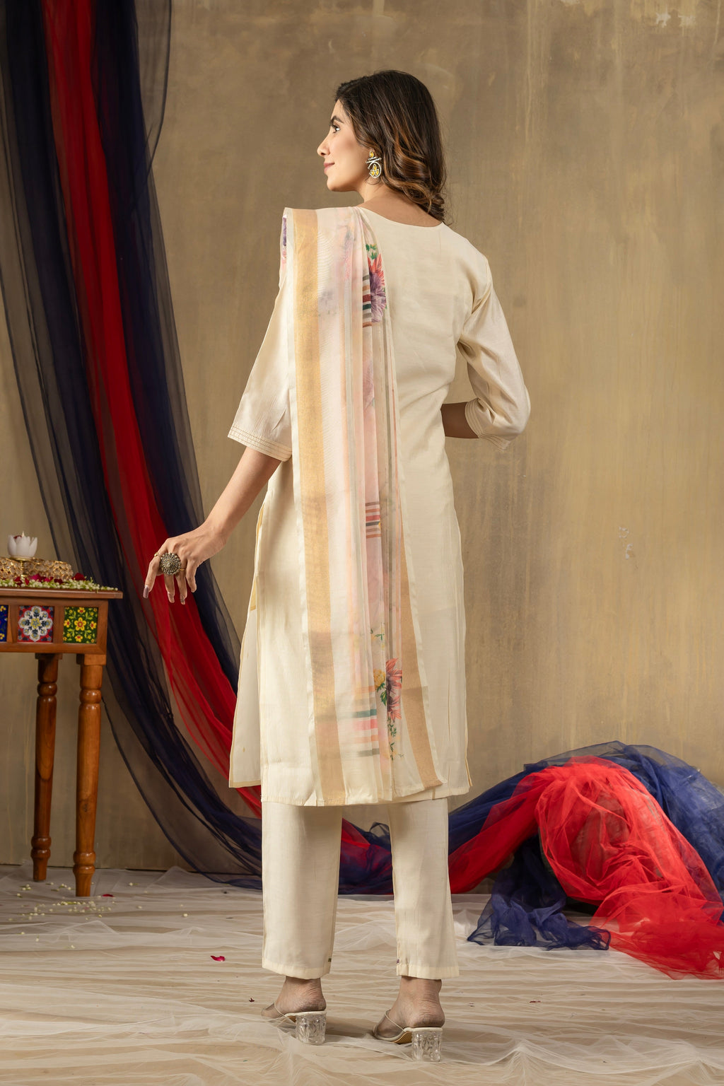 Vedant Vastram Simmer Silk Hand Work & Embroidery Work Stitched Kurta Pant Dupatta Set-Off White - Distacart