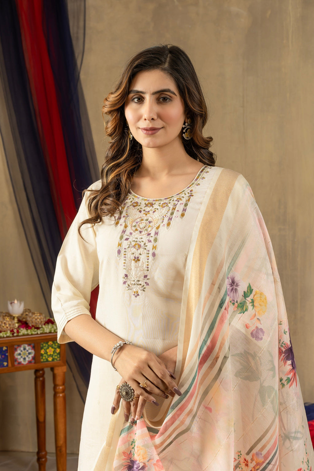 Vedant Vastram Simmer Silk Hand Work & Embroidery Work Stitched Kurta Pant Dupatta Set-Off White - Distacart