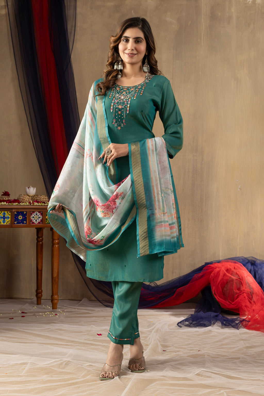Vedant Vastram Simmer Silk Hand Work & Embroidery Work Stitched Kurta Pant Dupatta Set-Rama Green - Distacart