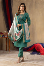 Vedant Vastram Simmer Silk Hand Work & Embroidery Work Stitched Kurta Pant Dupatta Set-Rama Green - Distacart