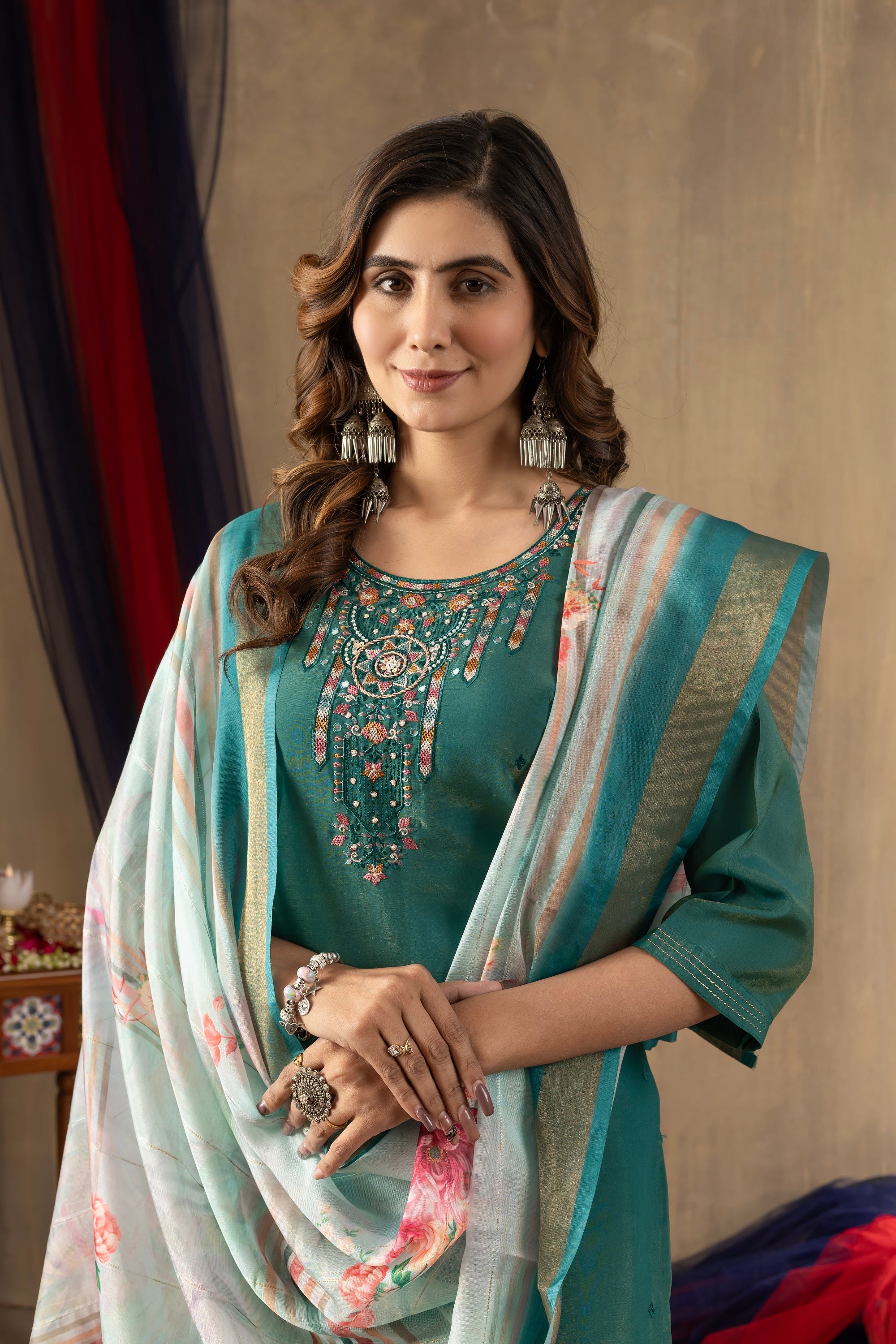 Vedant Vastram Simmer Silk Hand Work & Embroidery Work Stitched Kurta Pant Dupatta Set-Rama Green - Distacart