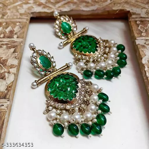 Tehzeeb Creations Latest Gold Polish Kundan & Pearl Studded Designer Drop Long Earrings For Women And Girls Green - Distacart