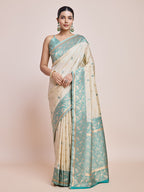 Monjolika Fashion Exquisite Designs With This Cream Banarasi Satin Silk Saree