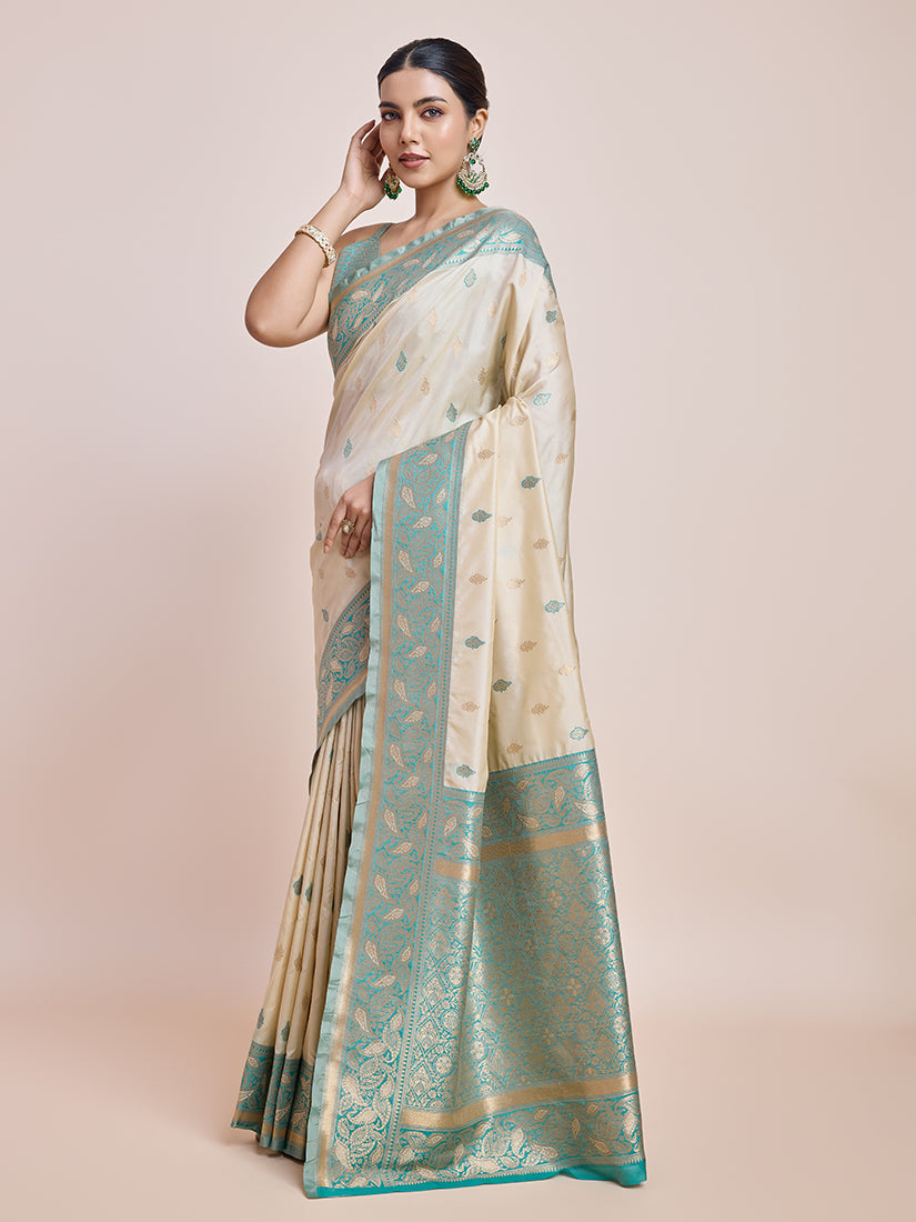 Monjolika Fashion Exquisite Designs With This Cream Banarasi Satin Silk Saree