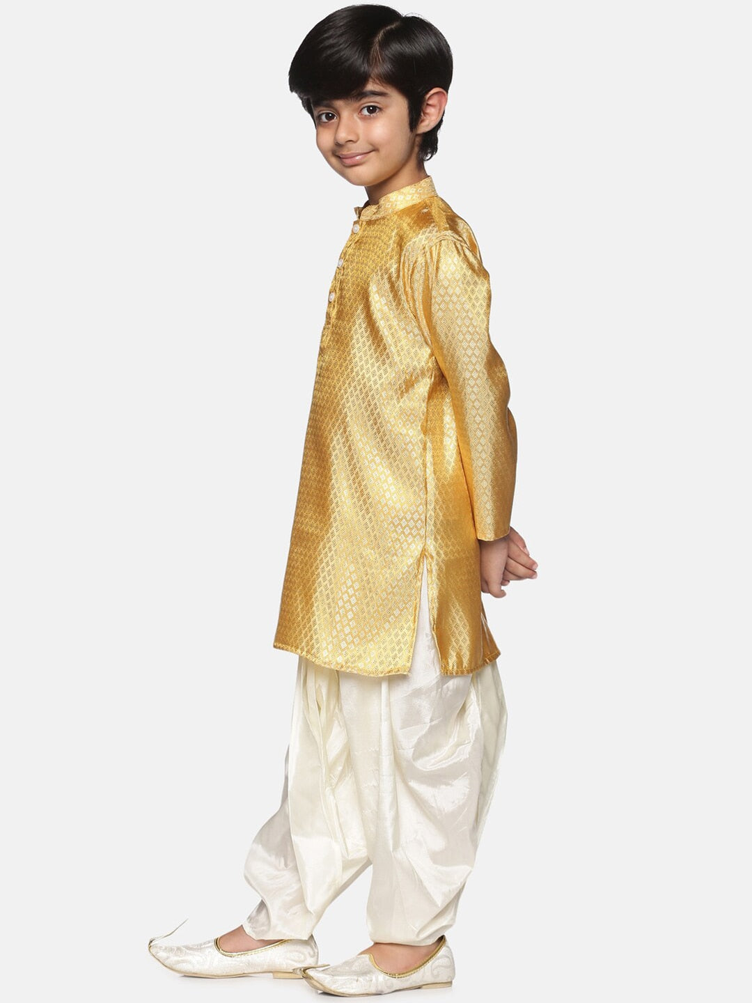 Sethukrishna Boys Gold-Toned & Off White Woven Design Kurta with Dhoti Pants