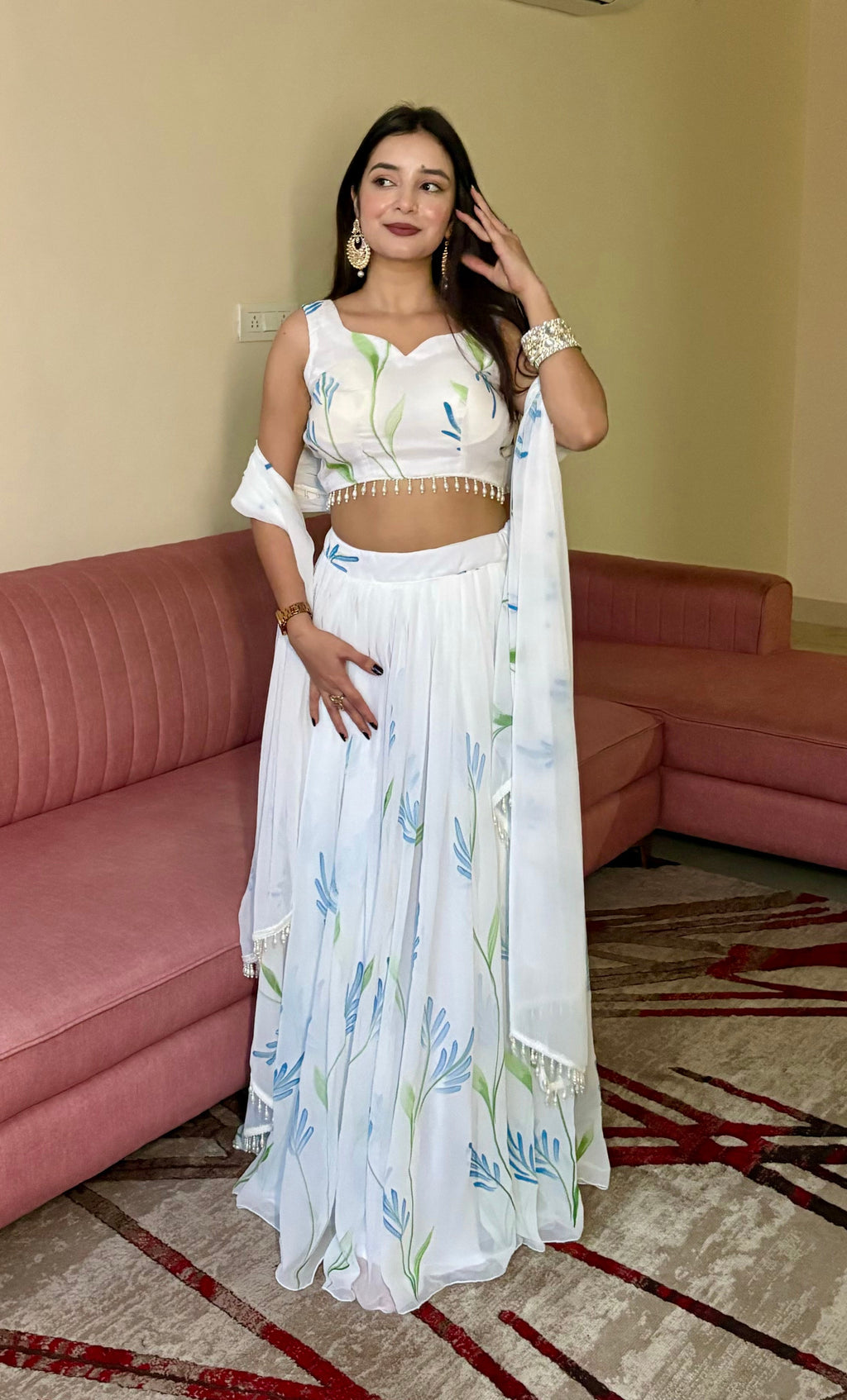 Lorenvalley Fashion White Georgette with Hand-painted Floral Design Lehenga Choli with Dupatta - Distacart