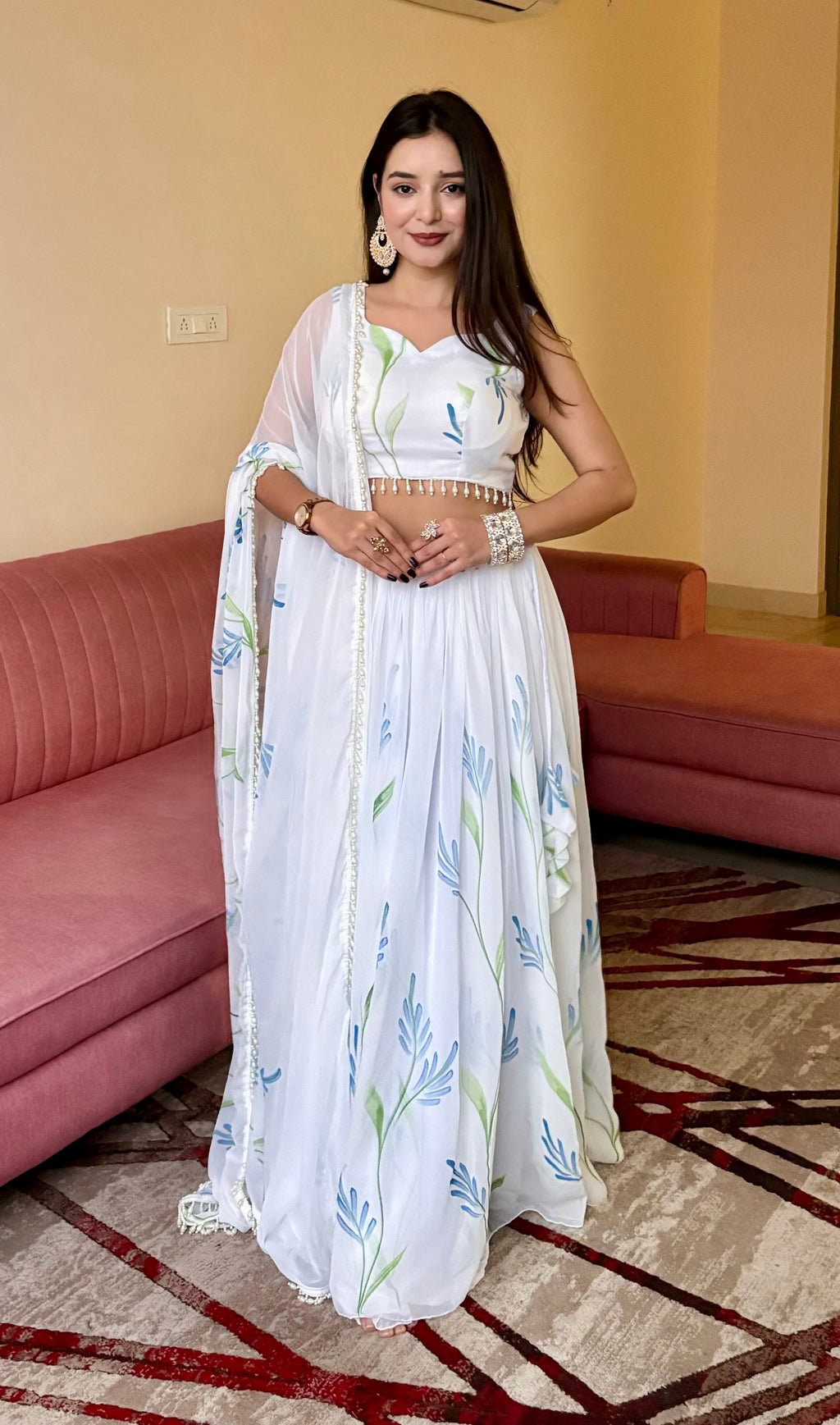 Lorenvalley Fashion White Georgette with Hand-painted Floral Design Lehenga Choli with Dupatta - Distacart