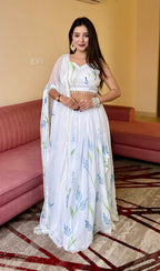Lorenvalley Fashion White Georgette with Hand-painted Floral Design Lehenga Choli with Dupatta - Distacart