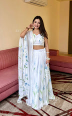 Lorenvalley Fashion White Georgette with Hand-painted Floral Design Lehenga Choli with Dupatta - Distacart