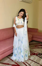 Lorenvalley Fashion White Georgette with Hand-painted Floral Design Lehenga Choli with Dupatta - Distacart