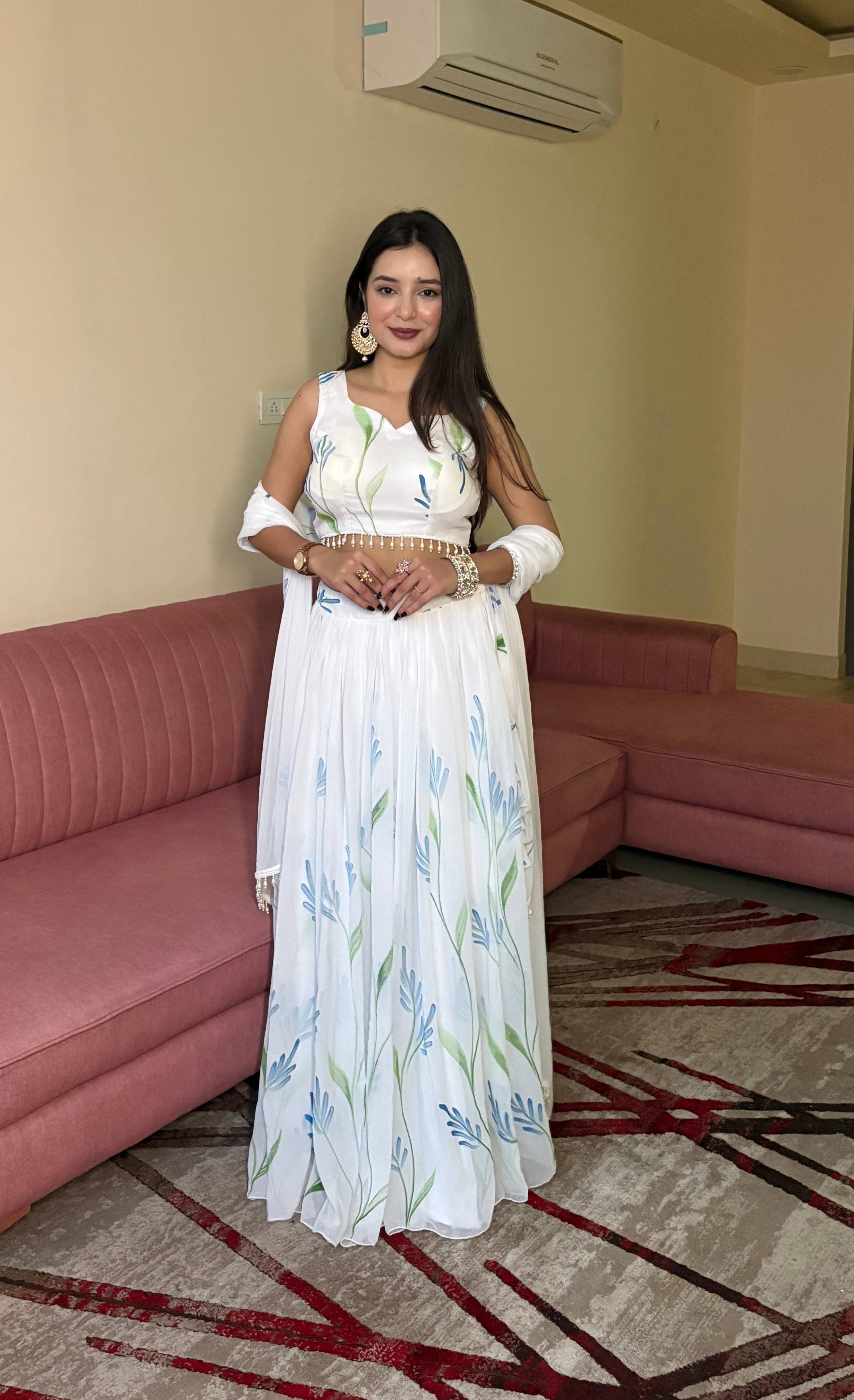 Lorenvalley Fashion White Georgette with Hand-painted Floral Design Lehenga Choli with Dupatta - Distacart