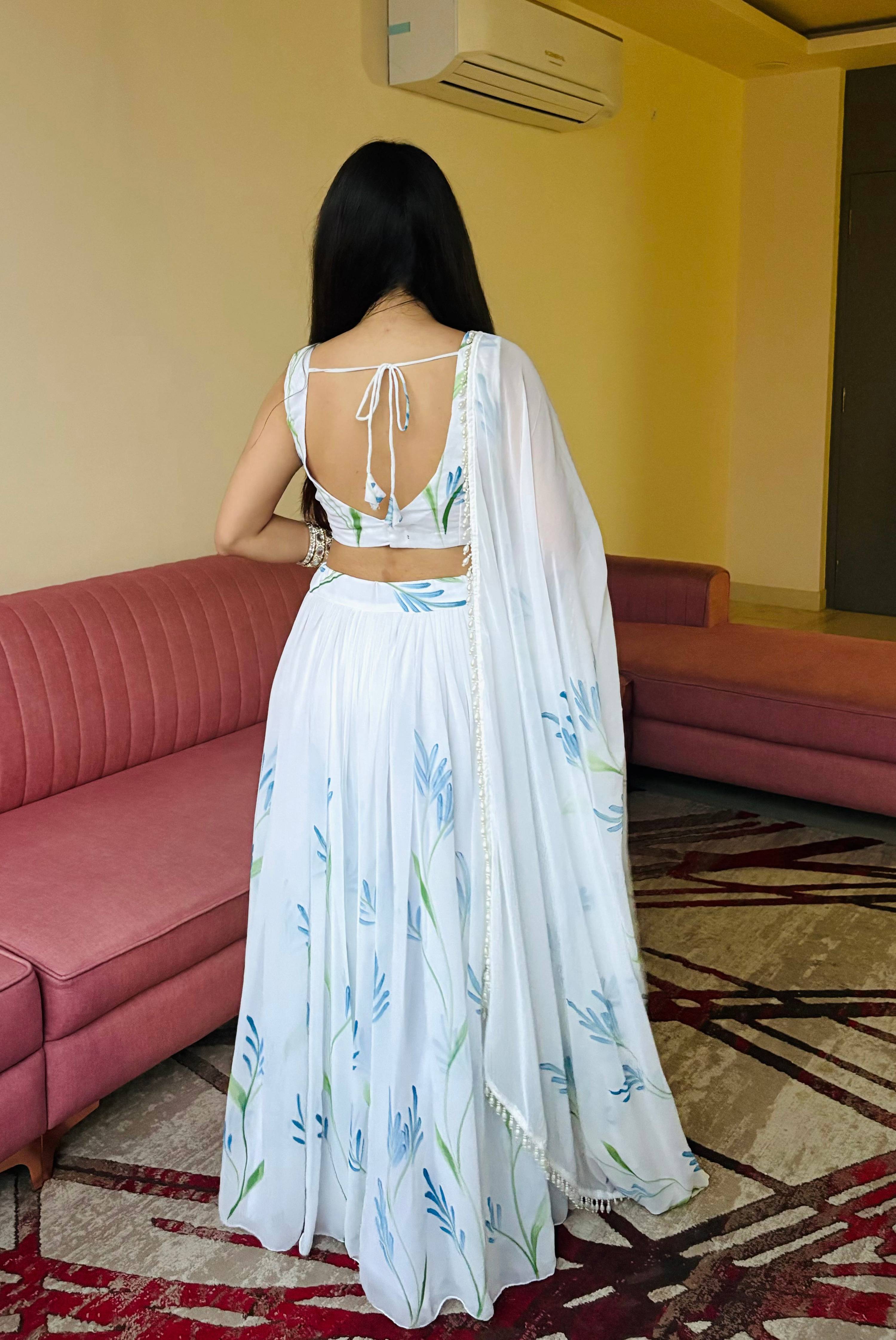 Lorenvalley Fashion White Georgette with Hand-painted Floral Design Lehenga Choli with Dupatta - Distacart