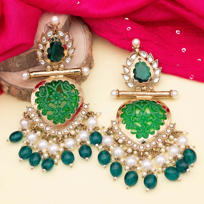 Tehzeeb Creations Latest Gold Polish Kundan & Pearl Studded Designer Drop Long Earrings For Women And Girls Green - Distacart